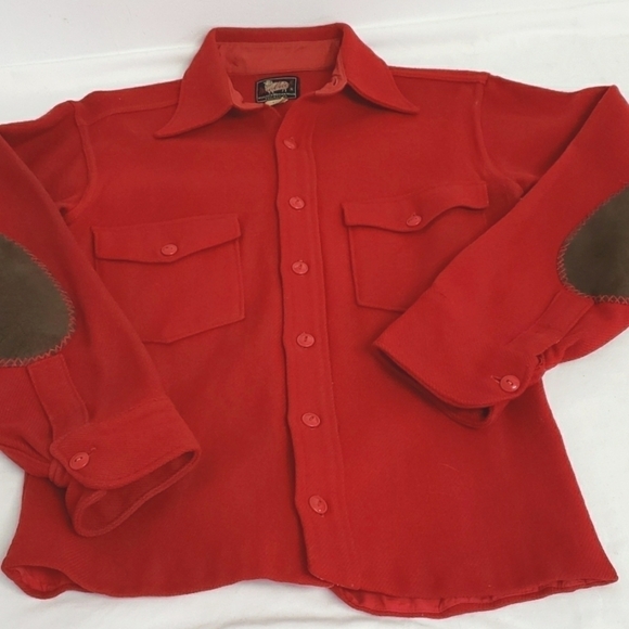 Vintage Woolrich Red Leather Patch Sleeve Button Up Shirt Red Mens 15 S - Picture 12 of 12